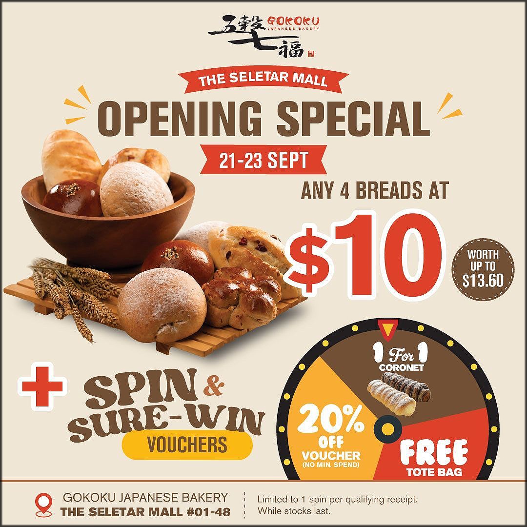 Gokoku-Japanese-Bakery-Opening-Special-Promotion 21-23 September 2026: Gokoku Japanese Bakery Opening Special Promotion: 4 Bread Bundle For $10 + Spin & Sure-Win Prizes at The Seletar Mall