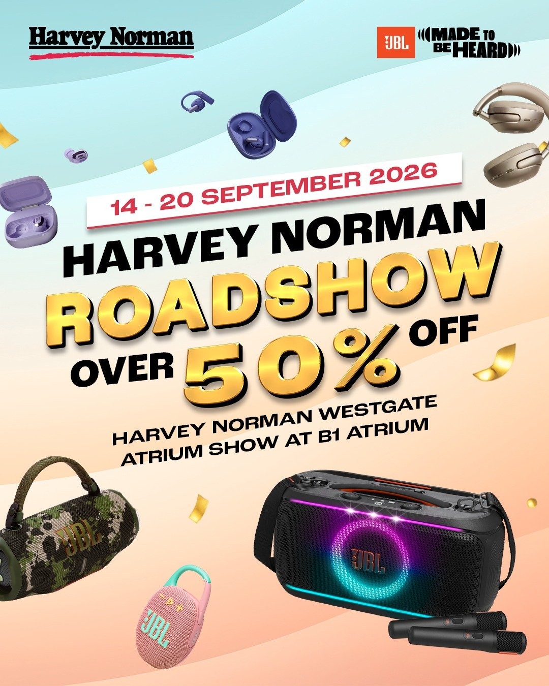 Harvey-Norman-JBL-Over-50-OFF-Sale 14-20 September 2026: Harvey Norman: JBL Over 50% OFF Sale Promotion at Westgate Mall, B1 Atrium