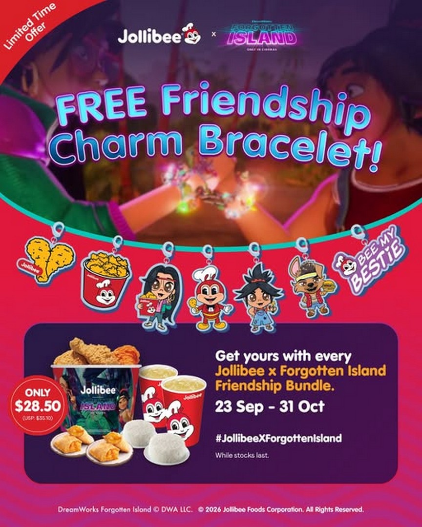 Jollibee-Singapore-Friendship-Bundle-Promotion 23 September-31 October 2026: Jollibee Singapore: Friendship Bundle Promotion with FREE Forgotten Island Blindbox Bracelet and Charm