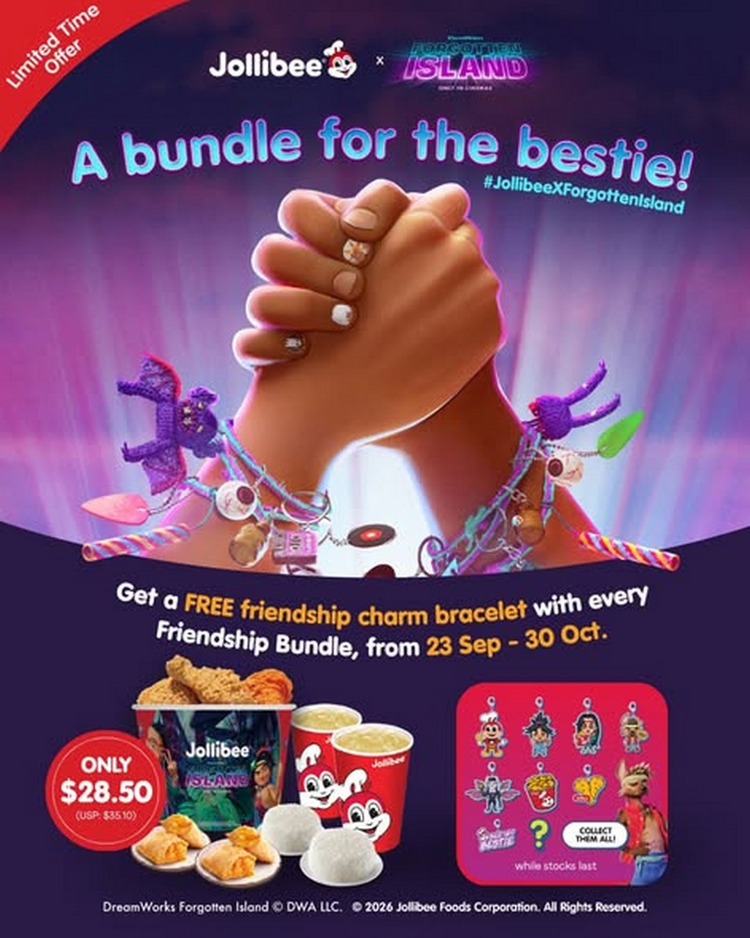 Jollibee-Singapore-Jollibee-x-Forgotten-Island-Friendship-Bundle 23 September–30 October 2026: Jollibee Singapore: Jollibee x Forgotten Island Friendship Bundle Promotion with Free Friendship Charm Bracelet and Movie Ticket Giveaway at NEX and Woodlands MRT