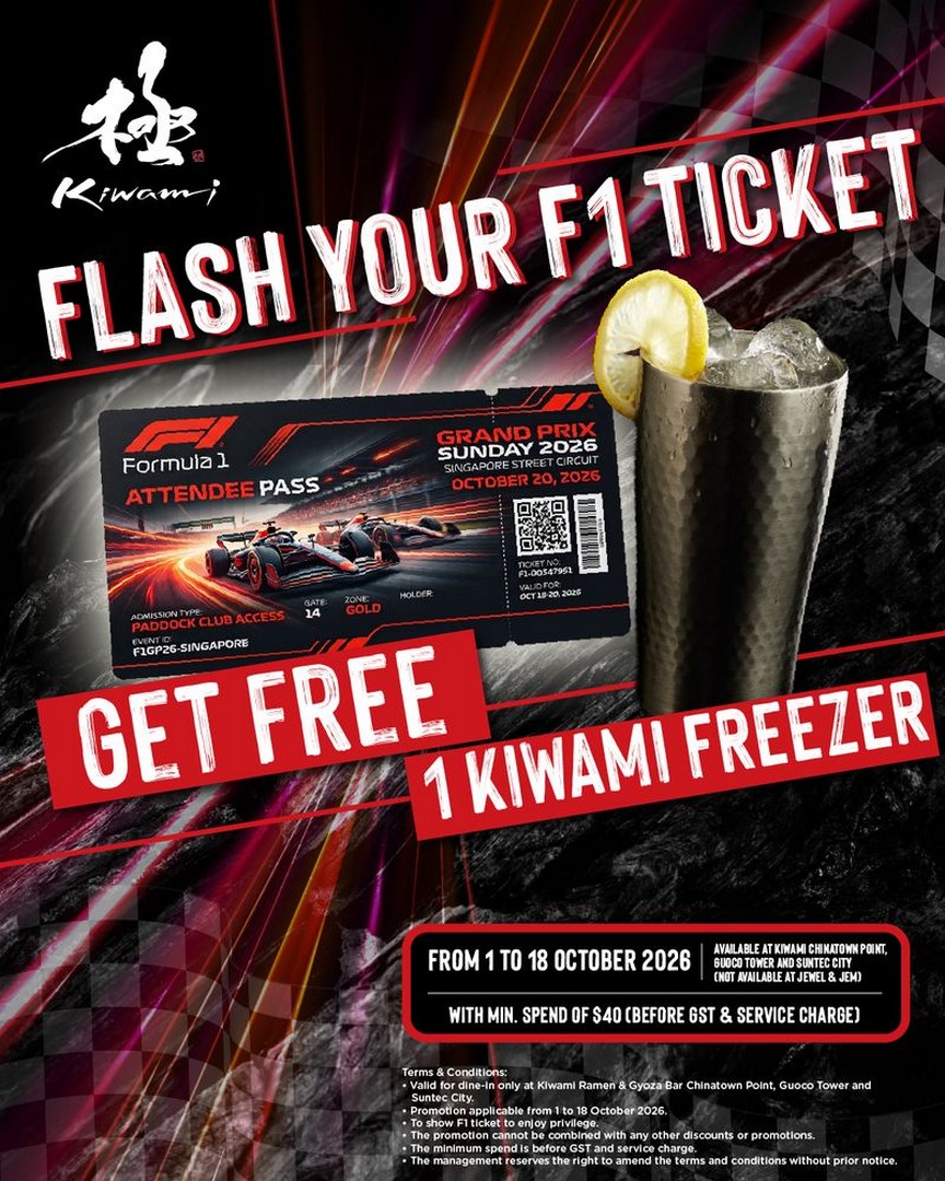 Kiwami-Ramen-Gyoza-Bar-F1-Ticket-Promotion 1-18 October 2026: Kiwami Ramen & Gyoza Bar F1 Ticket Promotion – Get a FREE Kiwami Freezer with $40 Spend at Suntec City, Chinatown Point & Guoco Tower