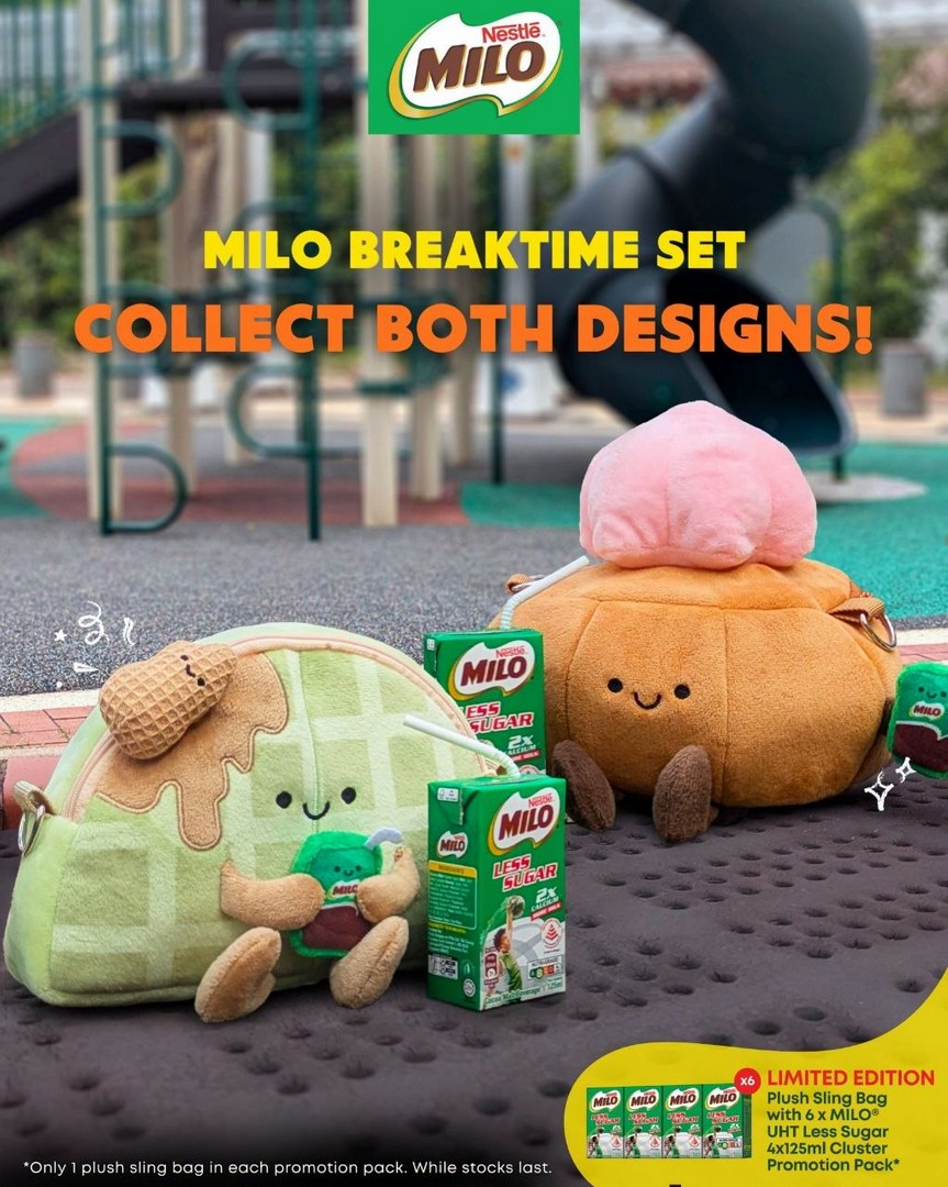 MILO-Singapore-Limited-Edition-BREAKTIME-Plush-Sling-Bag-Promotion 15 September 2026 onwards: MILO Singapore: Limited-Edition BREAKTIME Plush Sling Bag Promotion – Pandan Waffle & Pink Gem Biscuit Designs at Selected Retailers