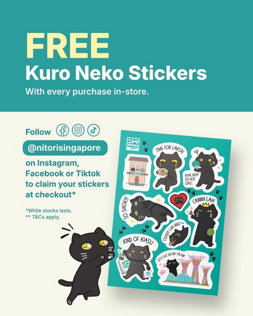 NITORI-Singapore-Free-Singapore-Exclusive-Kuro-Neko-Sticker 29 September 2026 onwards: NITORI Singapore: Free Singapore Exclusive Kuro Neko Sticker Promotion with Every Purchase