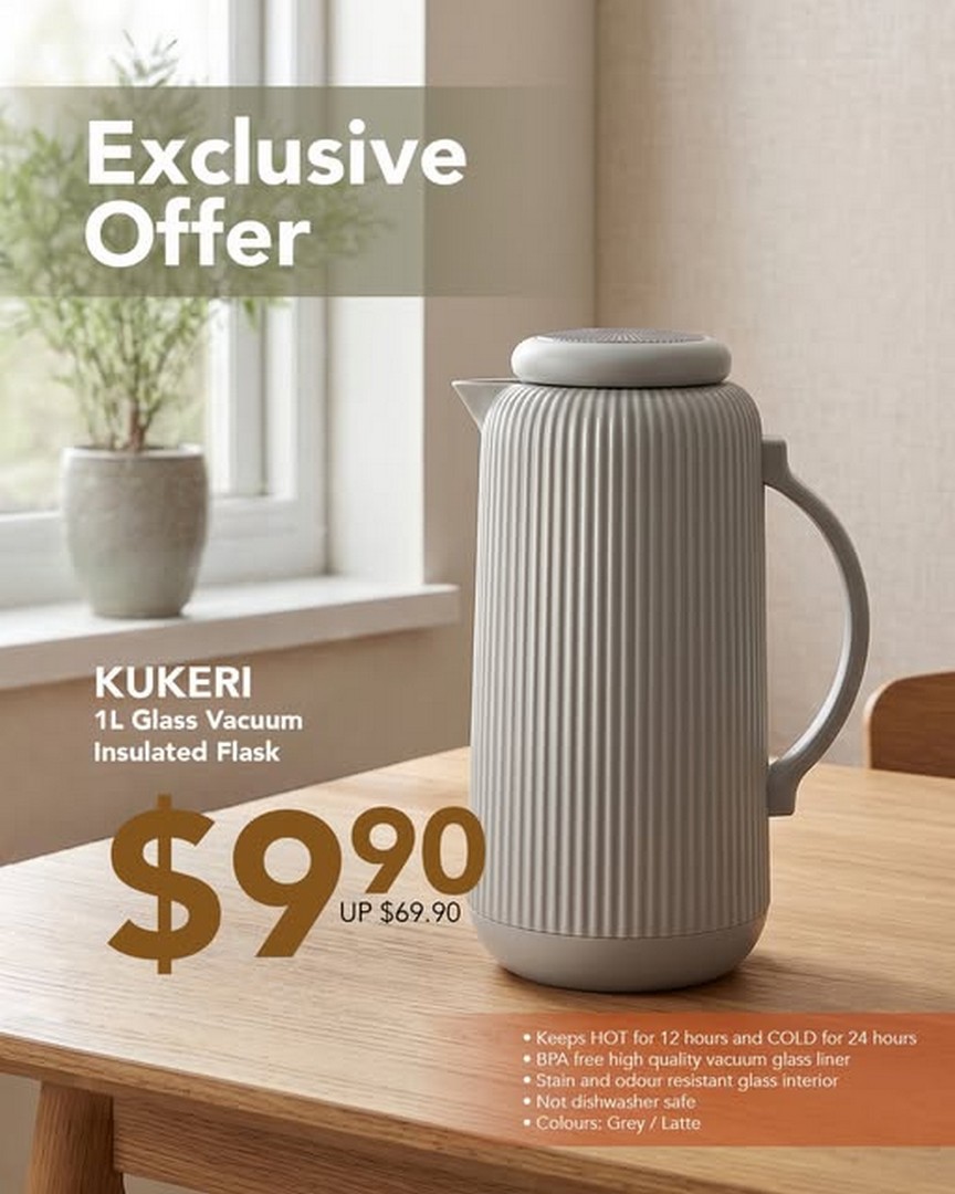 OG-Singapore-Promotion-–-KUKERI-1L-Glass-Vacuum-Insulated 4 September 2026 onwards: OG Singapore: Promotion – KUKERI 1L Glass Vacuum Insulated Flask Only $9.90 at OG Albert & OG People’s Park