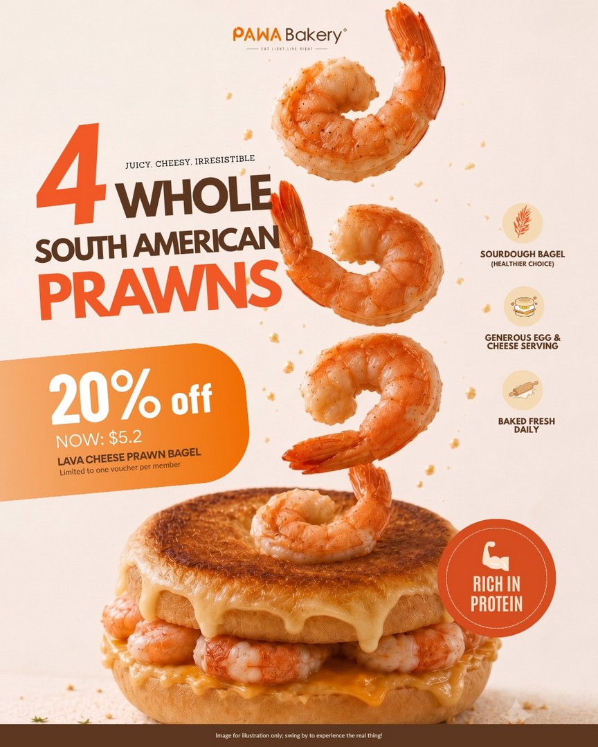 PAWA-Bakery-20-Off-Lava-Cheese-Prawn-Bagel-Promotion Now Till 30 September 2026: PAWA Bakery: 20% Off Lava Cheese Prawn Bagel Promotion at PLQ Mall, Suntec City, Star Vista and Cecil Street