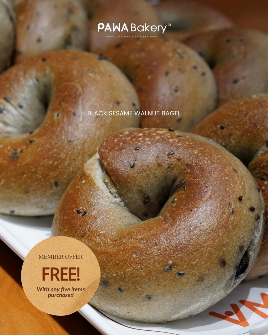 PAWA-Bakery-Free-Black-Sesame-Walnut-Cream-Cheese-Bagel-Promotion 12-30 September 2026: PAWA Bakery: Free Black Sesame Walnut Cream Cheese Bagel Promotion with Any 5 Items Purchased, Available at Selected Singapore Outlets