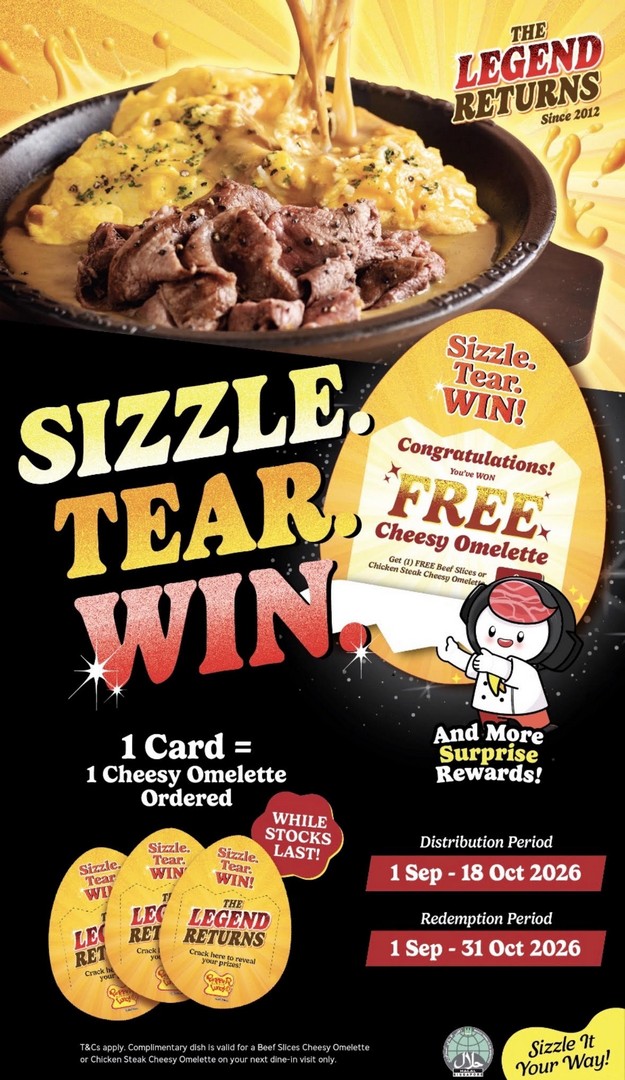 Pepper-Lunch-Cheesy-Omelette-Promotion-From-16.90 1 September-2 November 2026: Pepper Lunch: Cheesy Omelette Promotion From $16.90 with Sizzle. Tear. WIN! Prizes