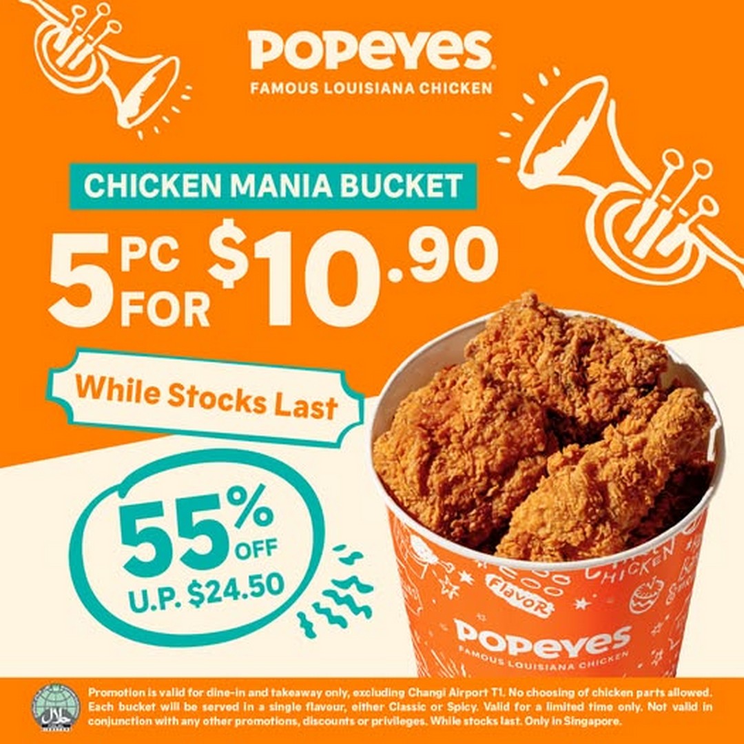 Popeyes-Singapore-Chicken-Mania-Promotion-–-5pcs-Signature 21 September–11 October 2026: Popeyes Singapore: Chicken Mania Promotion – 5pcs Signature Chicken for $10.90, 55% Off