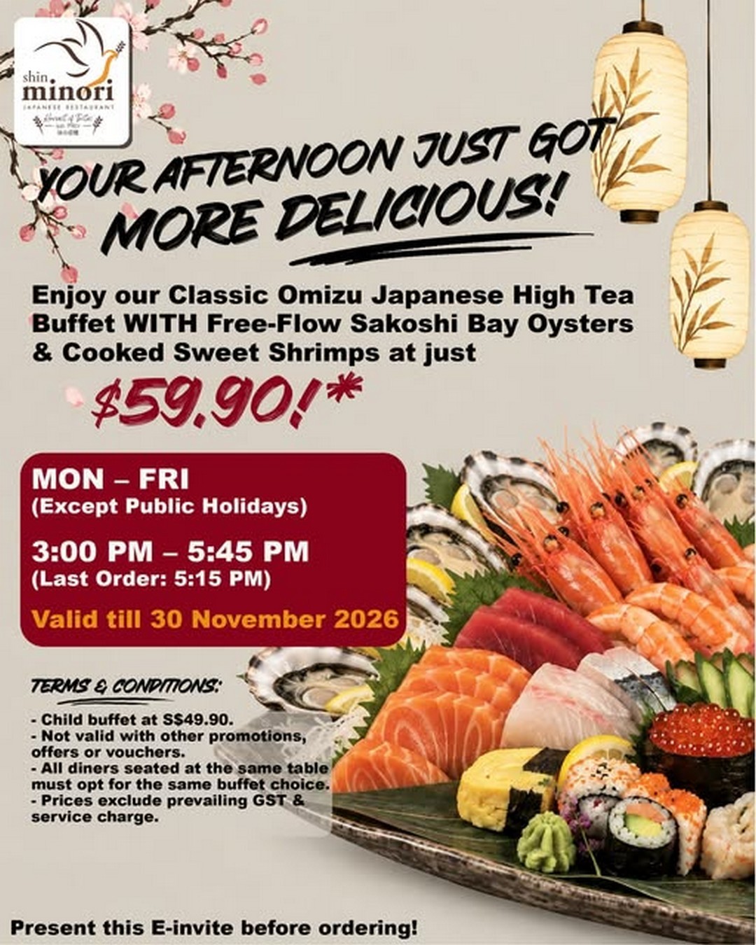 Shin-Minori-Japanese-Restaurant-Classic-Omizu-Japanese-High-Tea-Buffet Now till 30 November 2026: Shin Minori Japanese Restaurant: Classic Omizu Japanese High Tea Buffet Promotion from $59.90 with Free-Flow Sakoshi Bay Oysters & Cooked Sweet Shrimps