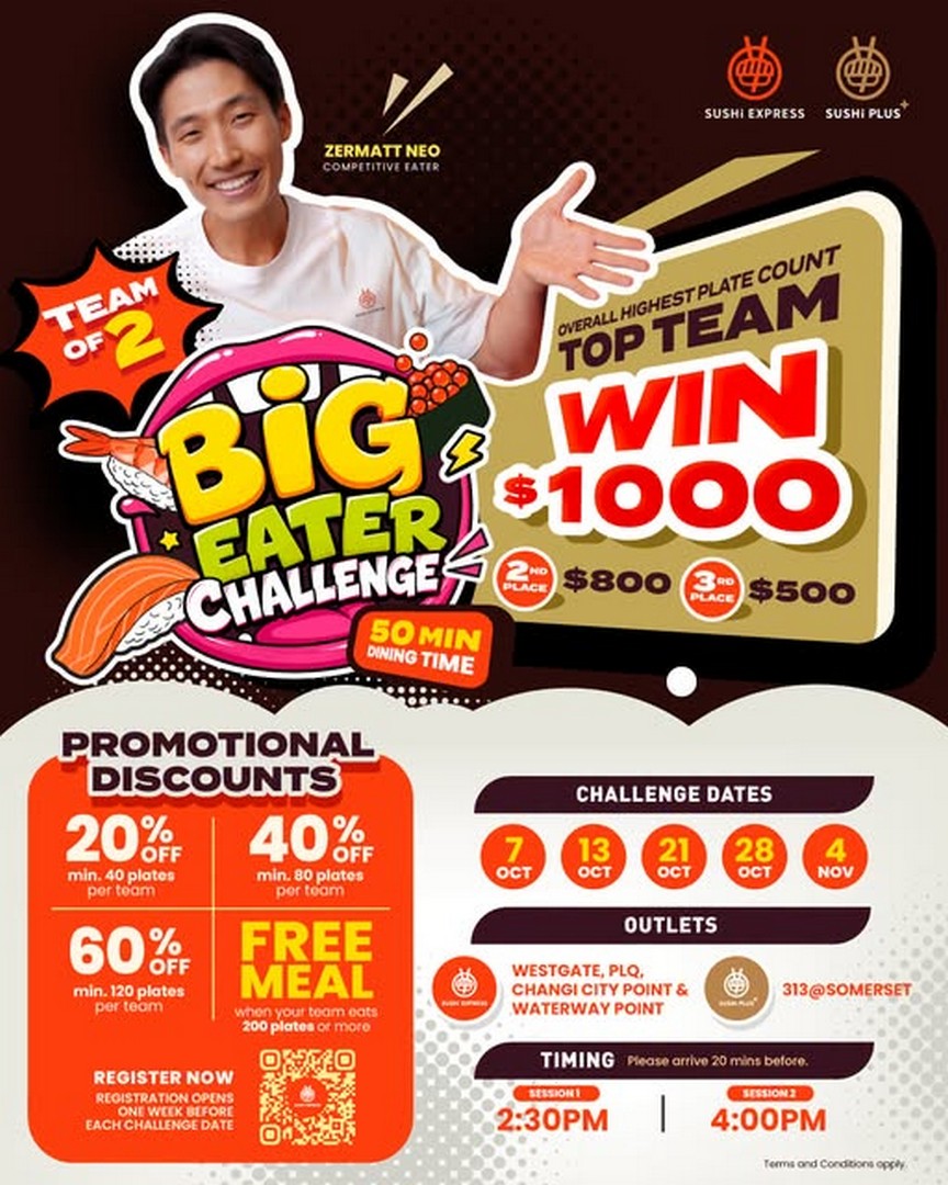 Sushi-Express-Sushi-Plus-Big-Eater-Challenge-Promotion 7 October-4 November 2026: Sushi Express & Sushi Plus: Big Eater Challenge Promotion with Up to 60% Off, Free Meals and Cash Prizes at Selected Singapore Outlets