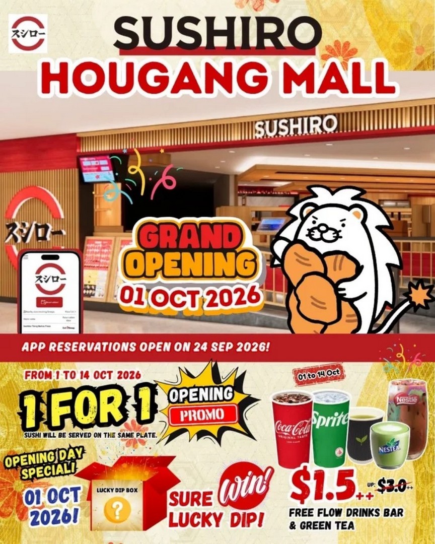 Sushiro-1-for-1-Sushi-Opening-Promotion-and-1.50-Free-Flow-Drinks 1-14 October 2026: Sushiro: 1-for-1 Sushi Opening Promotion and $1.50++ Free-Flow Drinks at Hougang Mall
