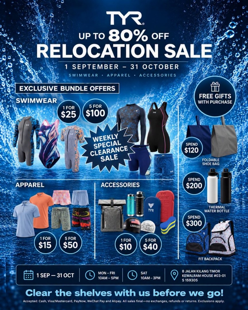 TYR-Singapore-Massive-Relocation-Clearance-Sale 1 September-31 October 2026: TYR Singapore: Massive Relocation Clearance Sale with Up to 80% OFF Swimwear, Apparel and Accessories