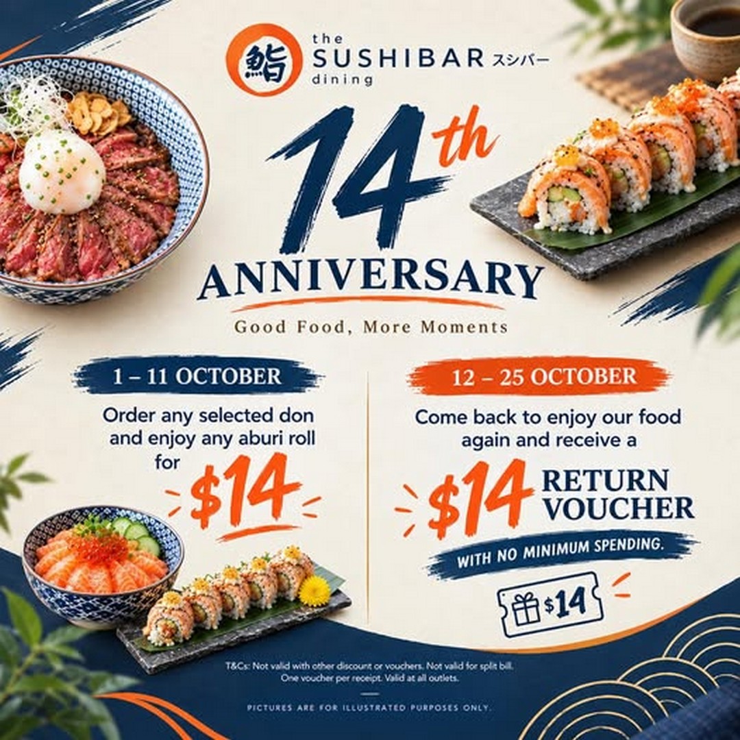 The-Sushi-Bar-14th-Anniversary-Promotion-with-14-Aburi-Roll 1-25 October 2026: The Sushi Bar: 14th Anniversary Promotion with $14 Aburi Roll and $14 Return Voucher, Selected Don and Dine-In Deals