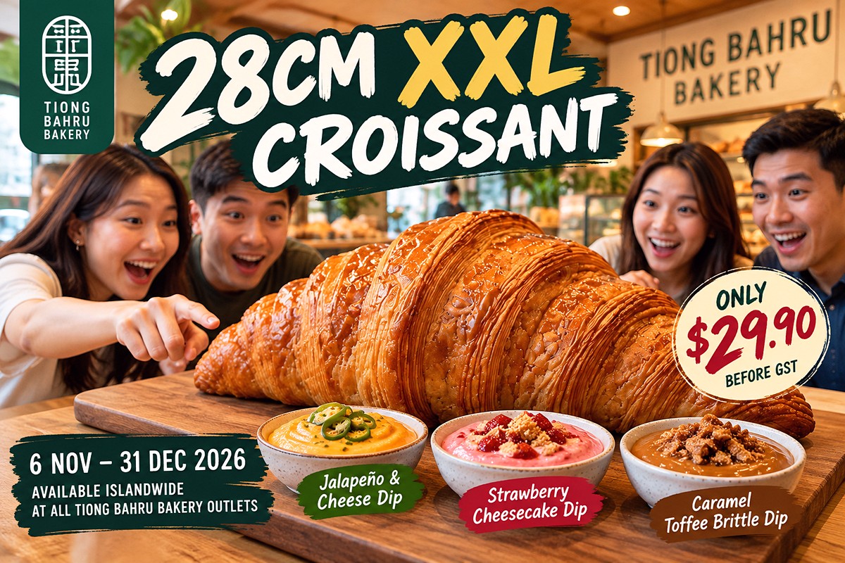 28CM-XXL-Croissant-Feast 6 Nov–31 Dec 2026: Tiong Bahru Bakery XXL Grand Croissant Promotion – 28cm Giant Croissant with 3 Dips at $29.90 in Singapore