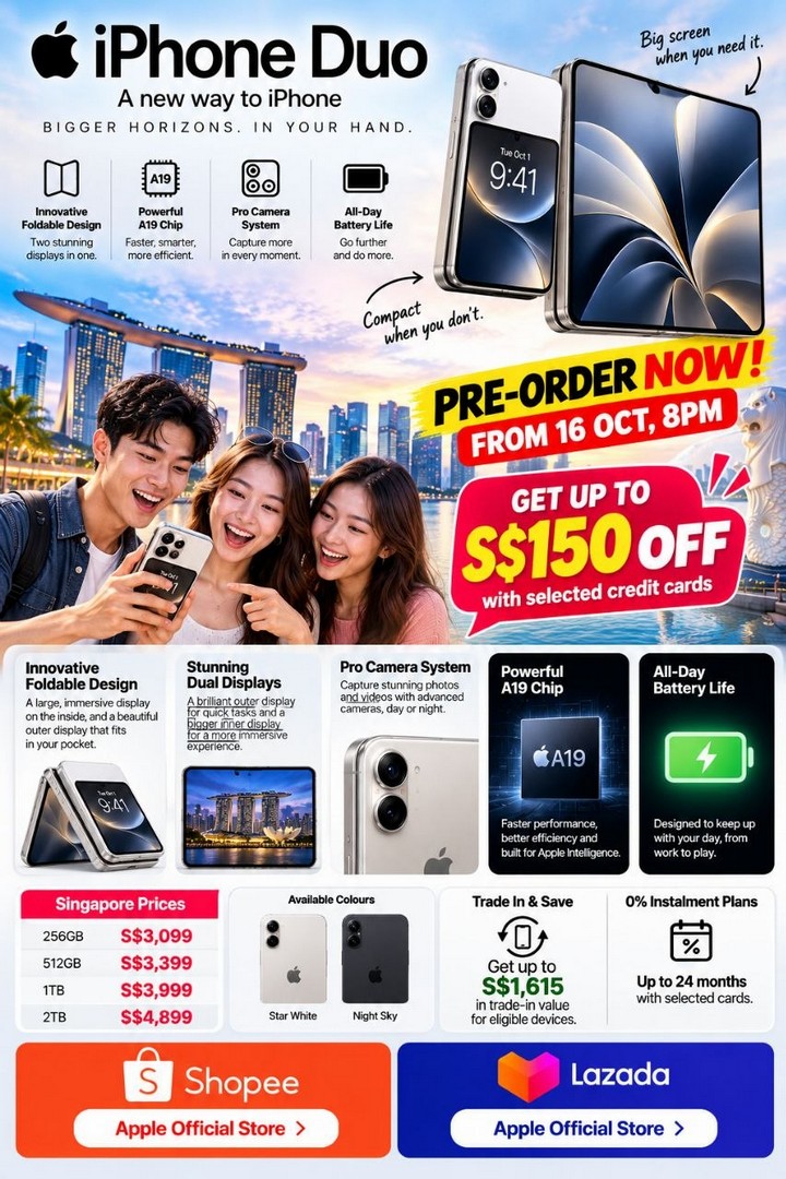 Apple-iPhone-Duo-Singapore-Pre-Order-Promotion-1 16 October 2026 onwards: Apple iPhone Duo Singapore: Pre-Order Promotion with Up to S$150 Off, Trade-In Deals and 0% Interest Instalments on Shopee and Lazada