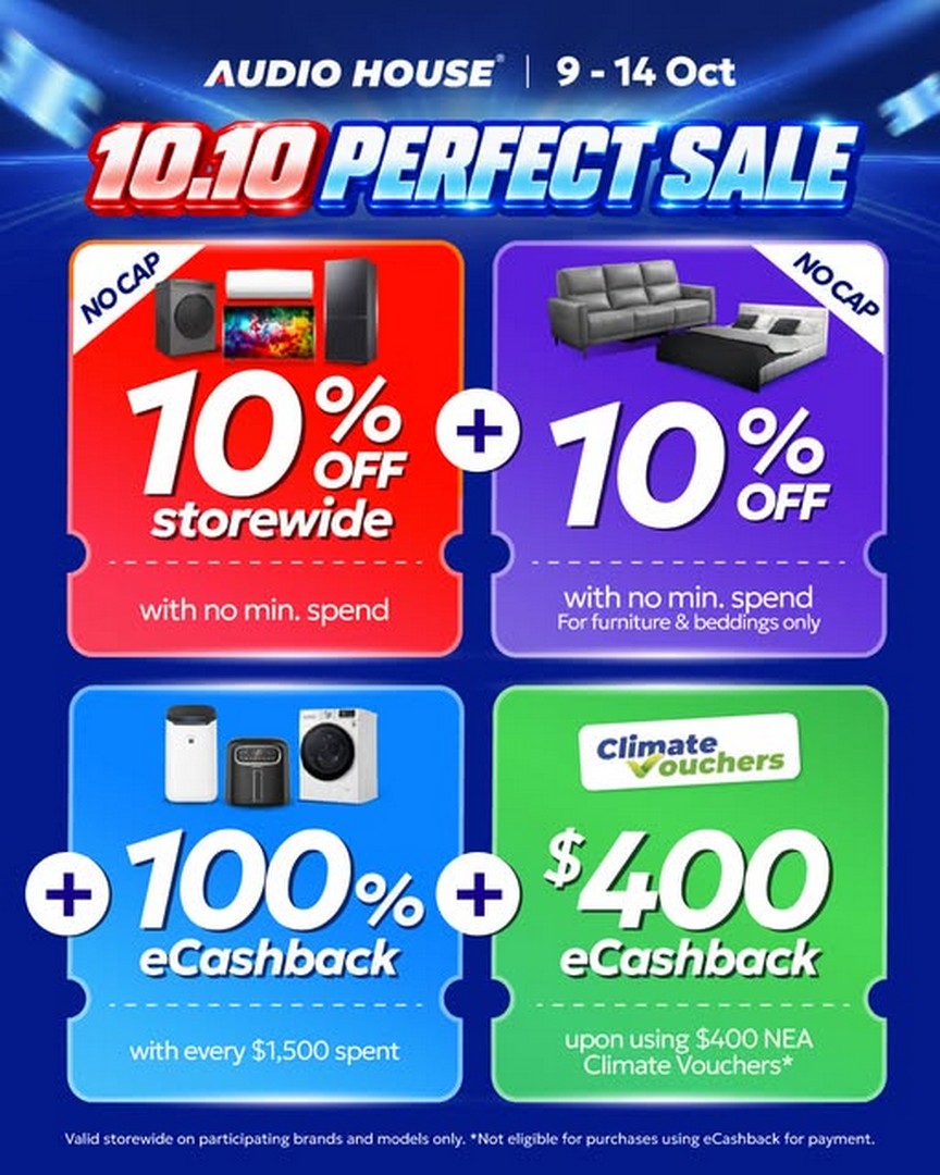 Audio-House-Singapore-10.10-Perfect-Sale 9-14 October 2026: Audio House Singapore: 10.10 Perfect Sale – Enjoy 10% Off Storewide with No Minimum Spend, 100% eCashback, Extra Furniture Discounts and NEA Climate Voucher Rewards at Ubi