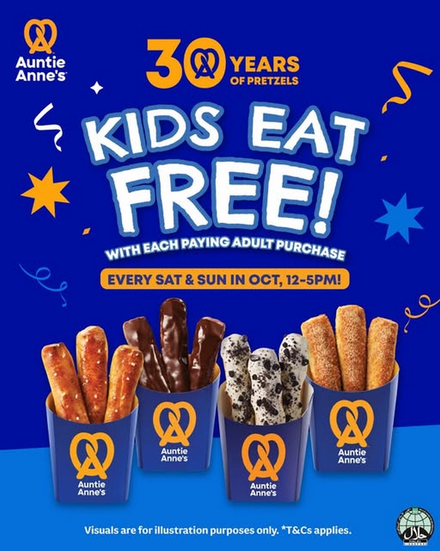 Auntie-Annes-Singapore-Kids-Eat-Free-Promotion 3-31 October 2026: Auntie Anne’s Singapore: Kids Eat Free Promotion – Get 1 FREE Set of 3 Pretzel Stix with Every Qualifying Adult Pretzel Purchase, Every Saturday and Sunday, 12pm–5pm at Participating Outlets