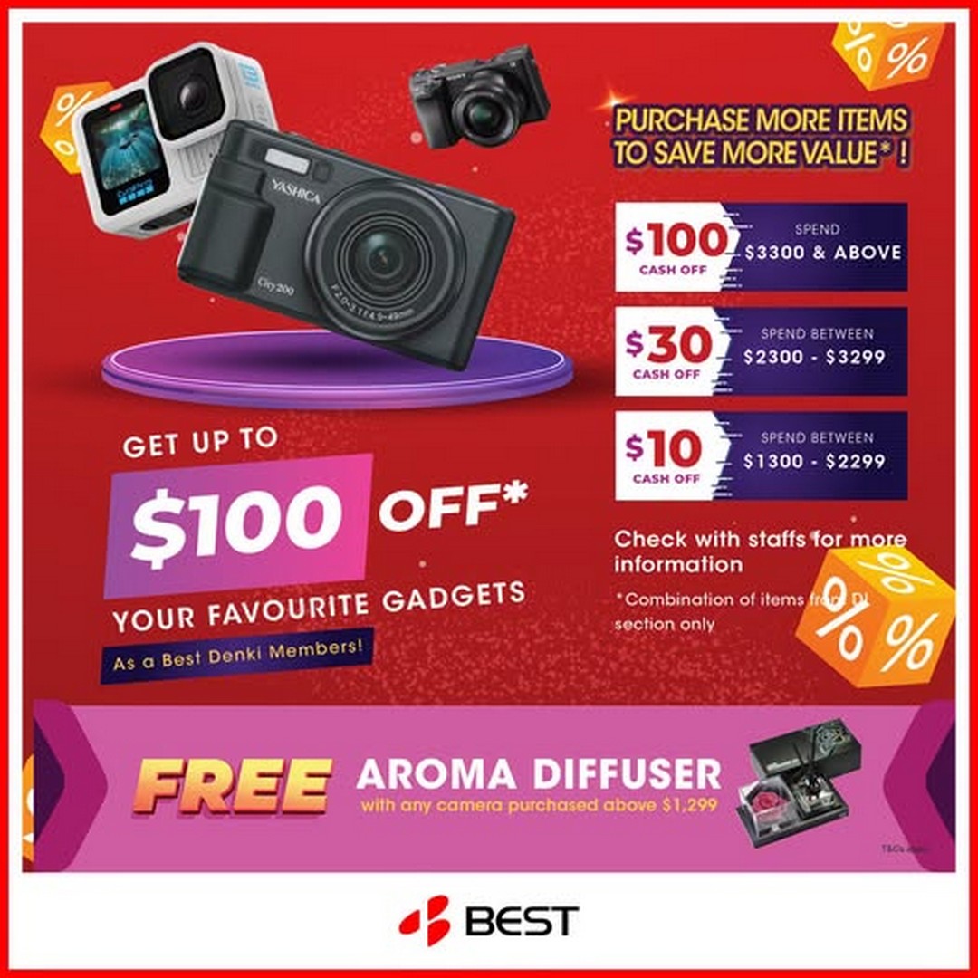 BEST-Denki-Singapore-Limited-Time-Hot-Deals Now Till 12 October 2026: BEST Denki Singapore: Limited-Time Hot Deals with Up to $100 Off and a Free Aroma Diffuser with Selected Camera Purchases