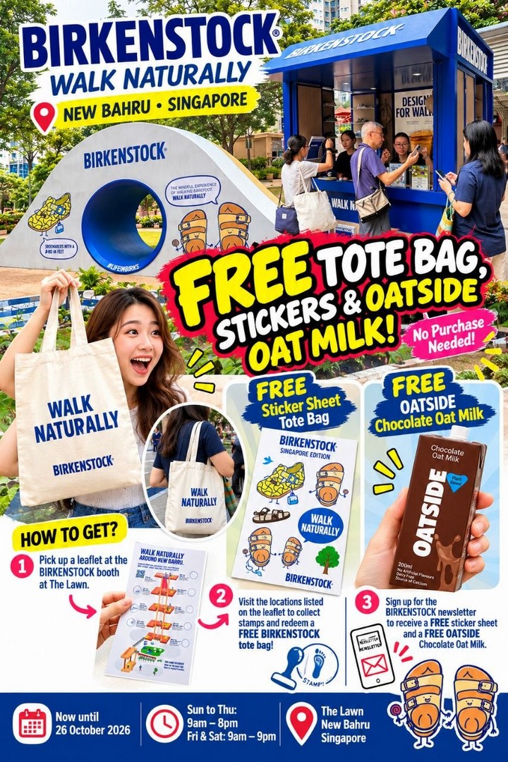 BIRKENSTOCK-Free-Tote-Bag-Stickers-and-OATSIDE-Chocolate-Oat-1 Now till 26 October 2026: BIRKENSTOCK: Free Tote Bag, Stickers and OATSIDE Chocolate Oat Milk at New Bahru Singapore – Walk Naturally Experience, Dates, Opening Hours and Venue