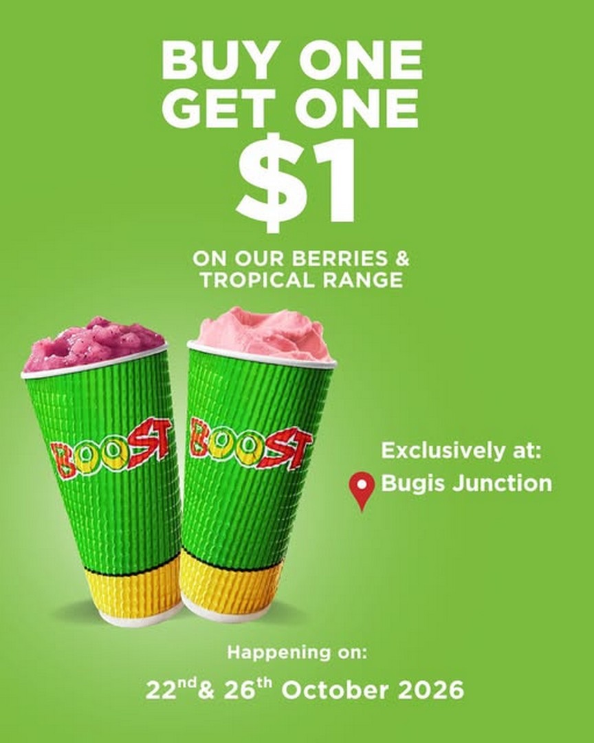 Boost-Juice-Bars-Singapore-Buy-1-Get-1-for-1-Promotion 22–26 October 2026: Boost Juice Bars Singapore Buy 1, Get 1 for $1 Promotion at Bugis Junction – Berries & Tropical Range Reopening Deal