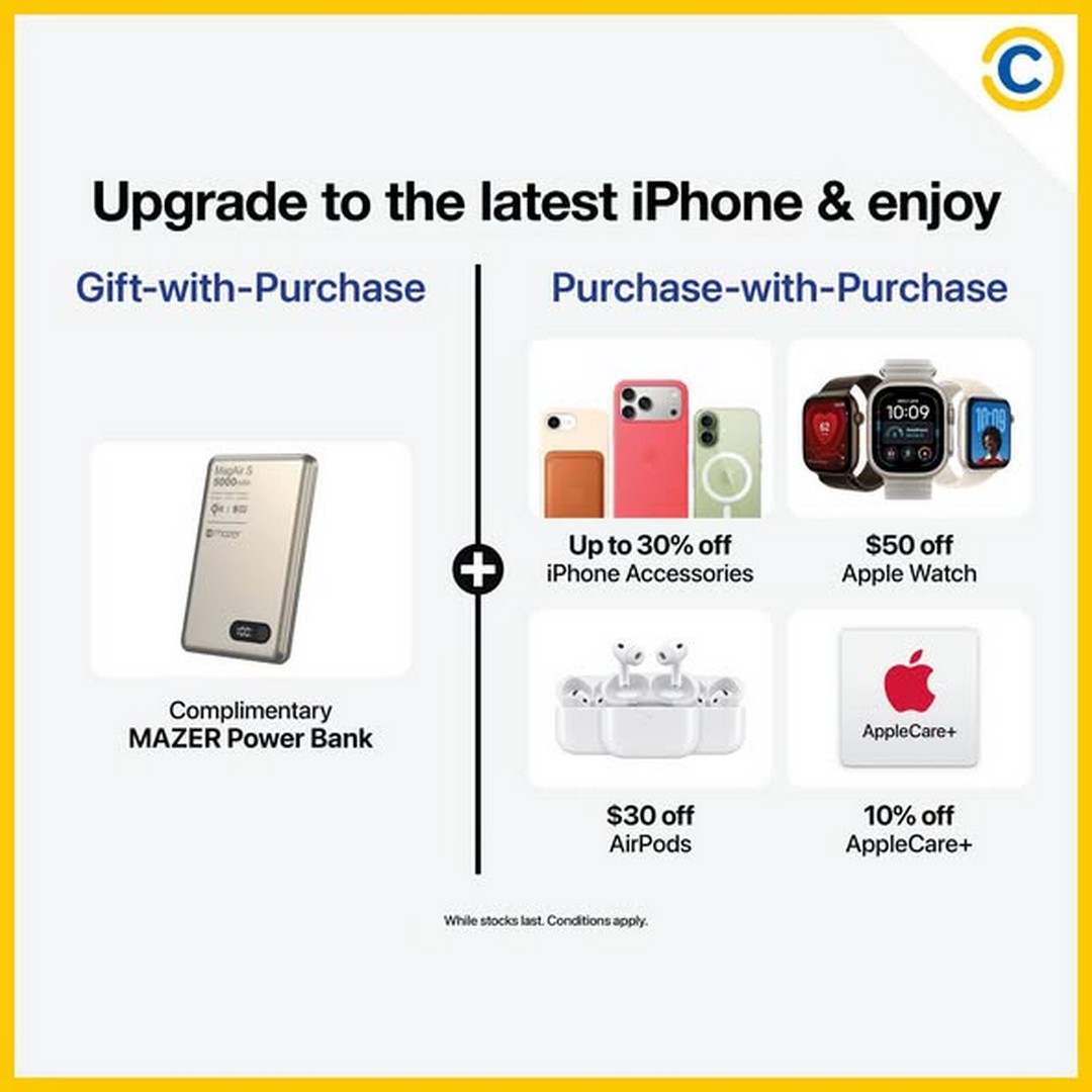COURTS-Singapore-New-iPhone-Duo-Launch-Promotion-3 23 October 2026 onwards: COURTS Singapore: New iPhone Duo Launch Promotion with Up to $200 Trade-Up Bonus, Up to $180 Savings, Free MAZER Power Bank and Apple Accessory Deals