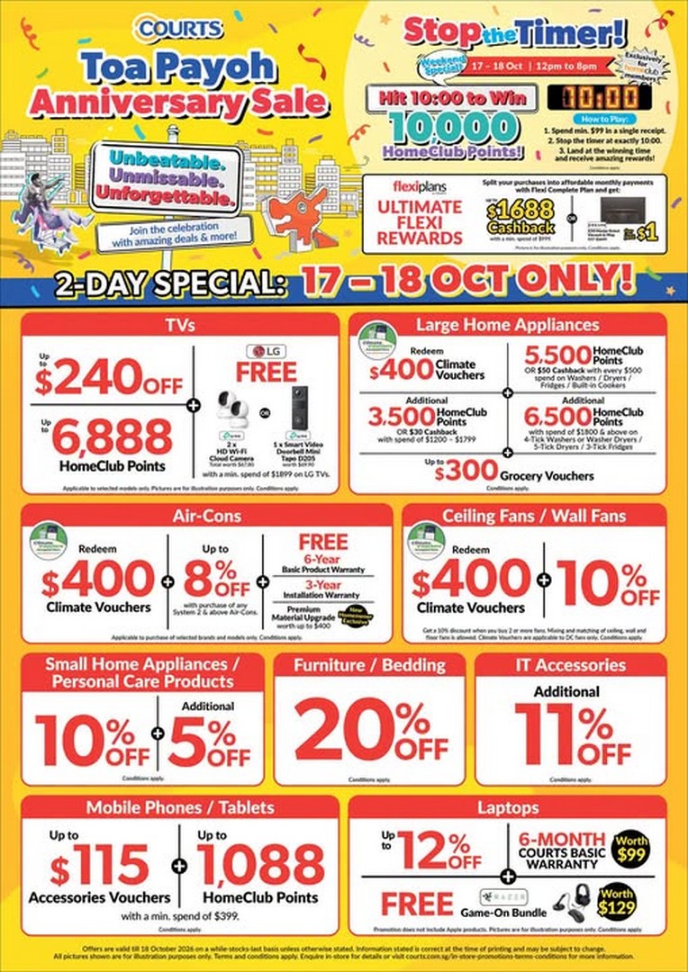 COURTS-Toa-Payoh-Anniversary-Sale-–-Up-to-240-Off-TVs 17-18 October 2026: COURTS: Toa Payoh Anniversary Sale – Up to $240 Off TVs, 20% Off Furniture and Bedding, Air-Conditioner Deals, Laptop Discounts and Exclusive HomeClub Rewards
