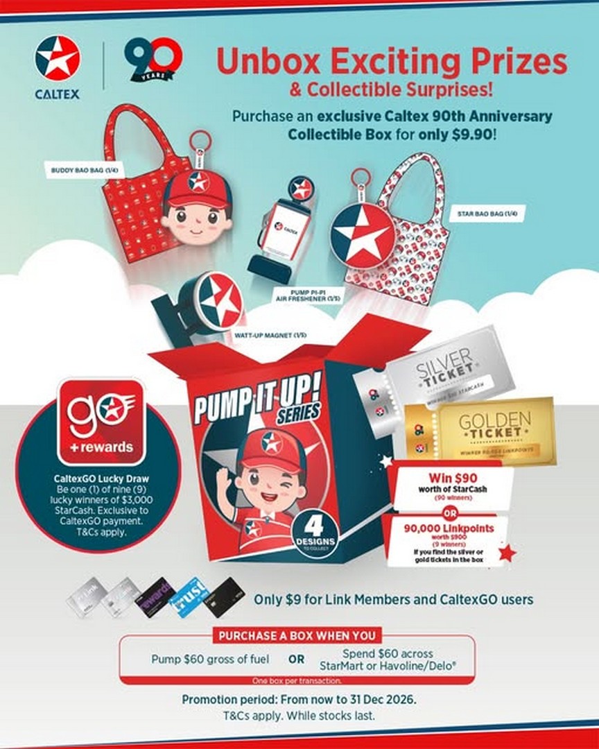 Caltex-Singapore-90th-Anniversary-Collectible-Box-Promotion Now Till 31 December 2026: Caltex Singapore 90th Anniversary Collectible Box Promotion – Get Limited-Edition Collectibles for $9, Win $90 Star Cash or 9,000 Linkpoints, Available While Stocks Last