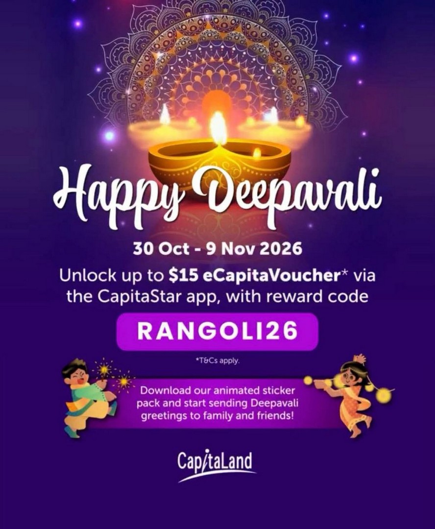 CapitaLand-CapitaStar-Deepavali-Promotion-1 30 October-9 November 2026: CapitaLand CapitaStar Deepavali Promotion – Get FREE S$5 eCapitaVoucher and Up to S$15 Shopping Rewards with Code RANGOLI26 at Participating Malls in Singapore