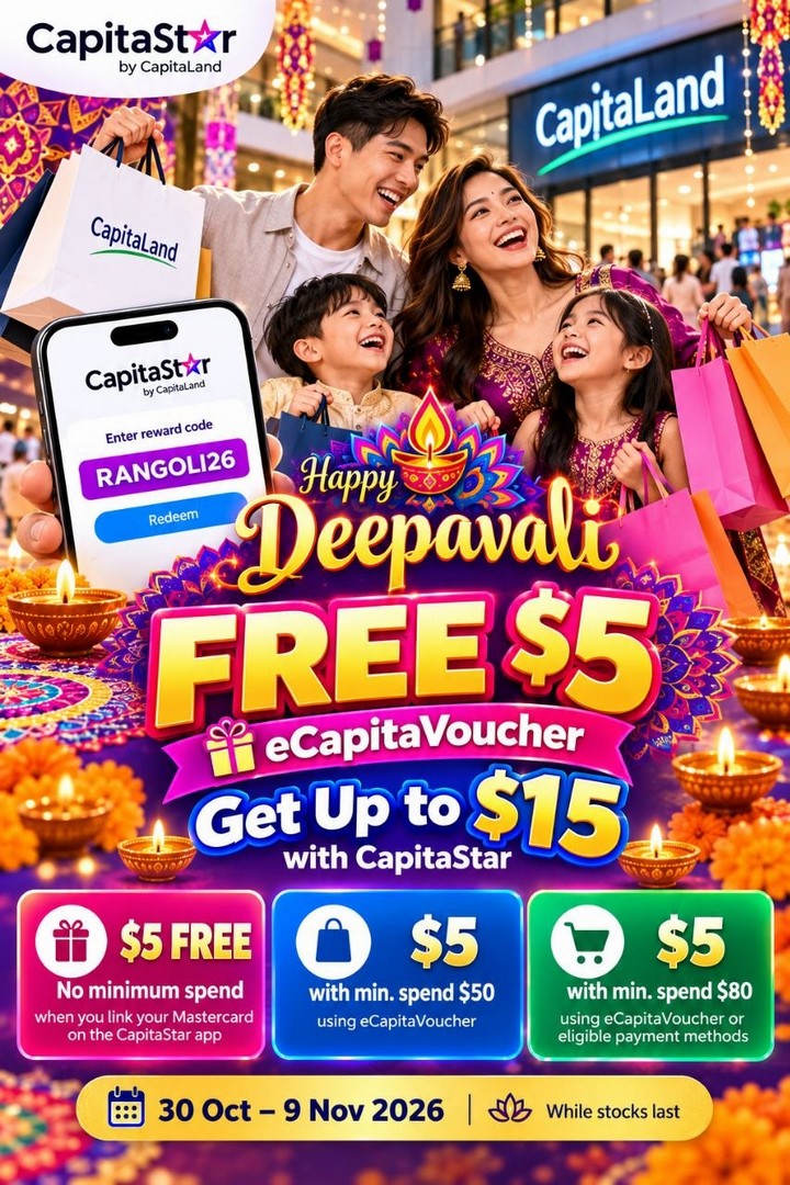 CapitaLand-CapitaStar-Deepavali-Promotion-2 30 October-9 November 2026: CapitaLand CapitaStar Deepavali Promotion – Get FREE S$5 eCapitaVoucher and Up to S$15 Shopping Rewards with Code RANGOLI26 at Participating Malls in Singapore
