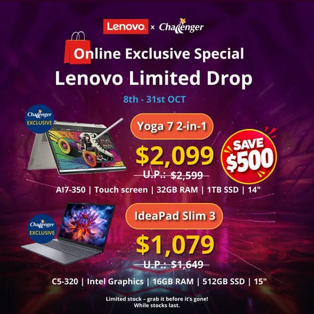 Challenger-Singapore-Lenovo-Limited-Drop-Online-Exclusive-Promotion 8–31 October 2026: Challenger Singapore: Lenovo Limited Drop Online Exclusive Promotion – Save $500 on Selected Lenovo Laptops, Including Yoga 7 2-in-1 and IdeaPad Slim 3