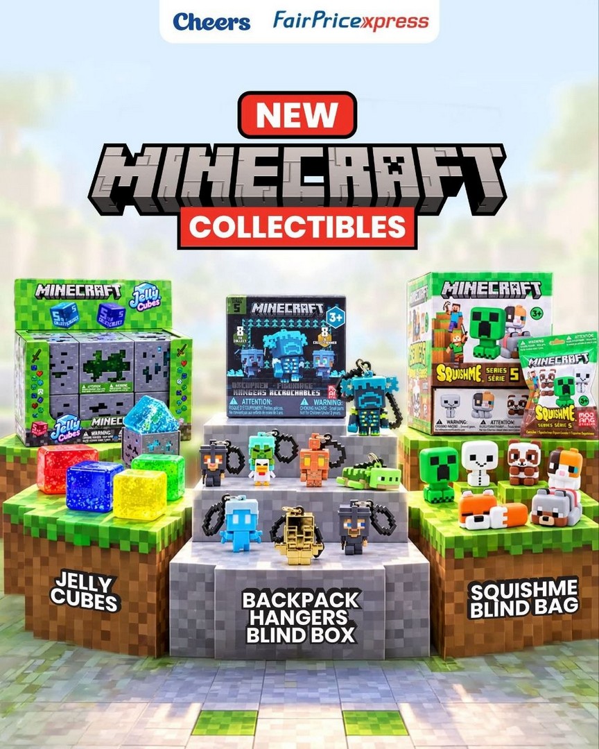 Cheers-FairPrice-Xpress-Singapore-Minecraft-Collectibles-Promotion-1 28 October 2026 onwards: Cheers & FairPrice Xpress Singapore Minecraft Collectibles Promotion – Jelly Cubes, Squishme Blind Bags and Backpack Hangers at Participating Outlets, While Stocks Last
