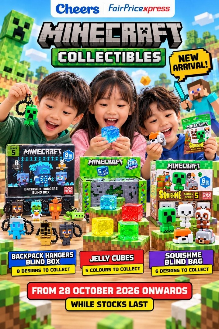 Cheers-FairPrice-Xpress-Singapore-Minecraft-Collectibles-Promotion-5 28 October 2026 onwards: Cheers & FairPrice Xpress Singapore Minecraft Collectibles Promotion – Jelly Cubes, Squishme Blind Bags and Backpack Hangers at Participating Outlets, While Stocks Last