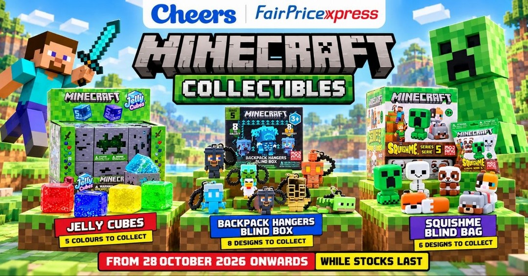 Cheers-FairPrice-Xpress-Singapore-Minecraft-Collectibles-Promotion 28 October 2026 onwards: Cheers & FairPrice Xpress Singapore Minecraft Collectibles Promotion – Jelly Cubes, Squishme Blind Bags and Backpack Hangers at Participating Outlets, While Stocks Last