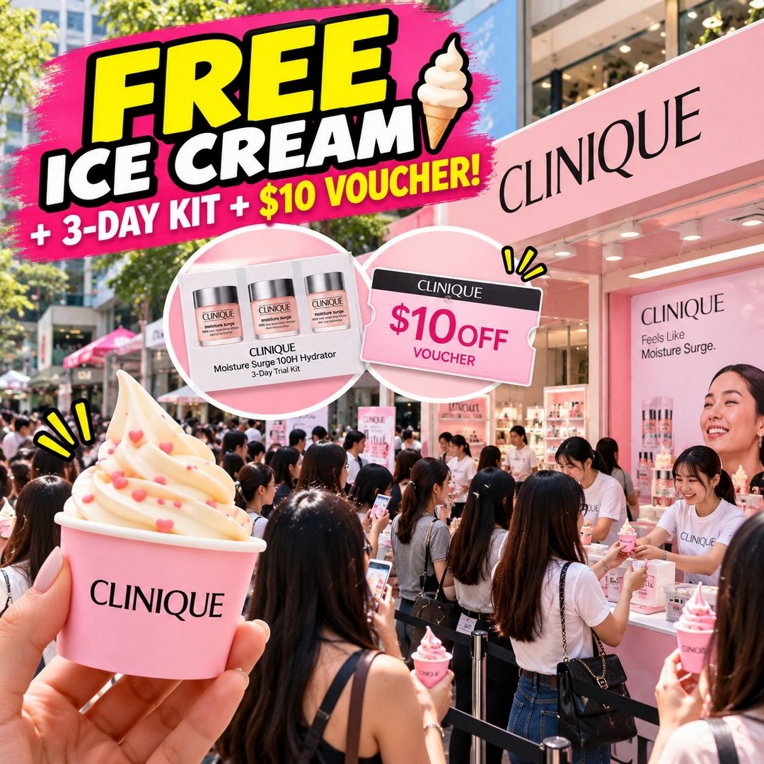 Clinique-Free-Ice-Cream-Moisture-Surge-100H-Hydrator-3-Day-Trial-1 17-18 October 2026: Clinique: Free Ice Cream, Moisture Surge 100H Hydrator 3-Day Trial Kit and $10 Voucher Promotion at Metro Singapore and Paragon Mall, 2pm–5pm
