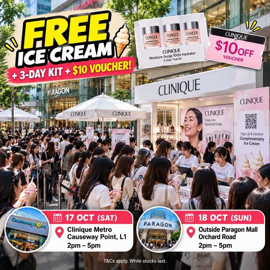 Clinique-Free-Ice-Cream-Moisture-Surge-100H-Hydrator-3-Day-Trial-2 17-18 October 2026: Clinique: Free Ice Cream, Moisture Surge 100H Hydrator 3-Day Trial Kit and $10 Voucher Promotion at Metro Singapore and Paragon Mall, 2pm–5pm