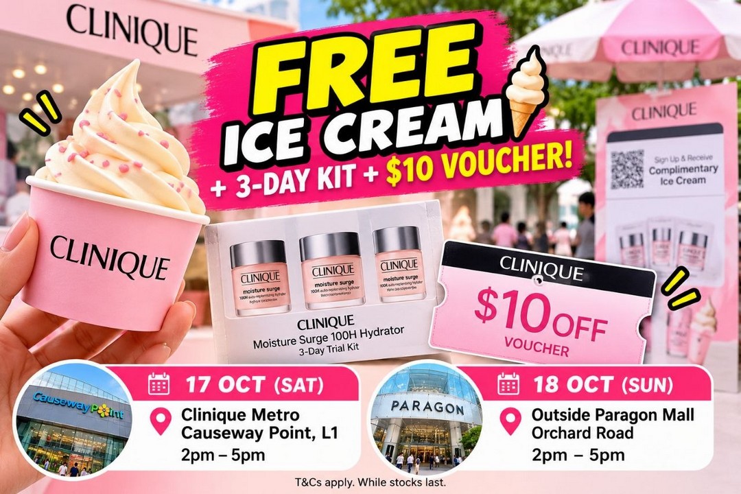 Clinique-Free-Ice-Cream-Moisture-Surge-100H-Hydrator-3-Day-Trial 17-18 October 2026: Clinique: Free Ice Cream, Moisture Surge 100H Hydrator 3-Day Trial Kit and $10 Voucher Promotion at Metro Singapore and Paragon Mall, 2pm–5pm