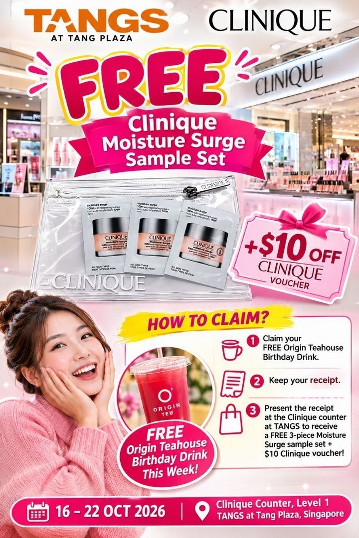 Clinique-Singapore-FREE-Moisture-Surge-Skincare-Sample-Set-1 16–22 October 2026: Clinique Singapore FREE Moisture Surge Skincare Sample Set and $10 Voucher Promotion at TANGS Tang Plaza, Level 1
