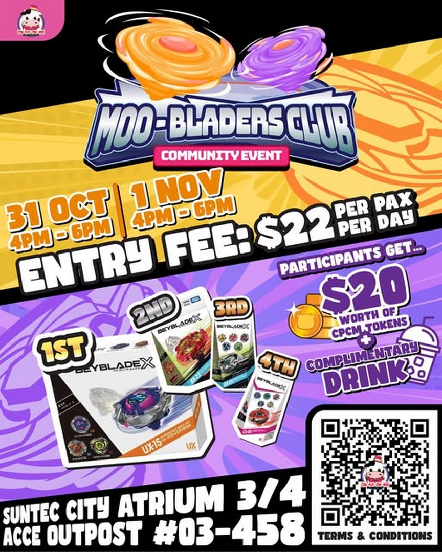 Cow-Play-Cow-Moo-MOO-BLADERS-CLUB-Beyblade-Battle-Event 31 October–1 November 2026: Cow Play Cow Moo MOO-BLADERS CLUB Beyblade Battle Event at Suntec City, $22 Entry with $20 Worth of CPCM Tokens and a Complimentary Drink