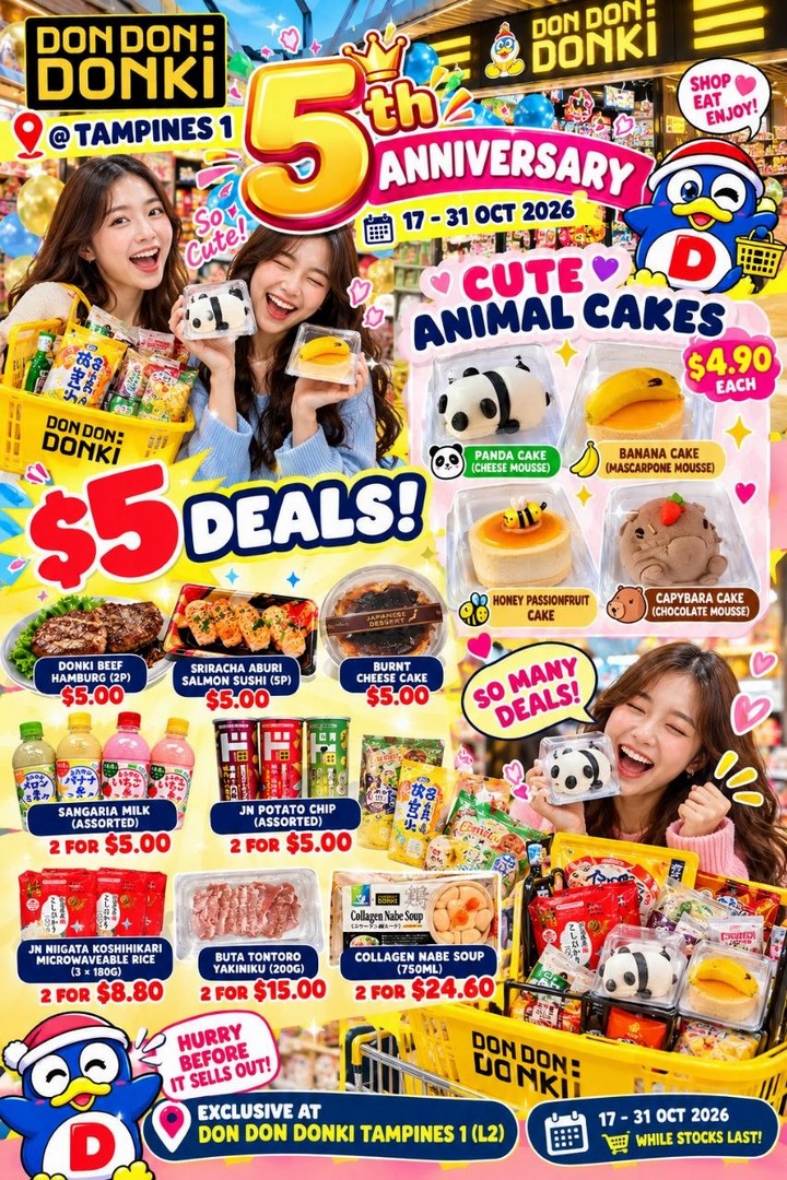 DON-DON-DONKI-Tampines-1-5th-Anniversary-Sale-1 17–31 October 2026: DON DON DONKI Tampines 1 5th Anniversary Sale and Promotion – $5 Japanese Food Deals, Grocery Discounts and Cute Animal Cakes from $4.90 at Level 2