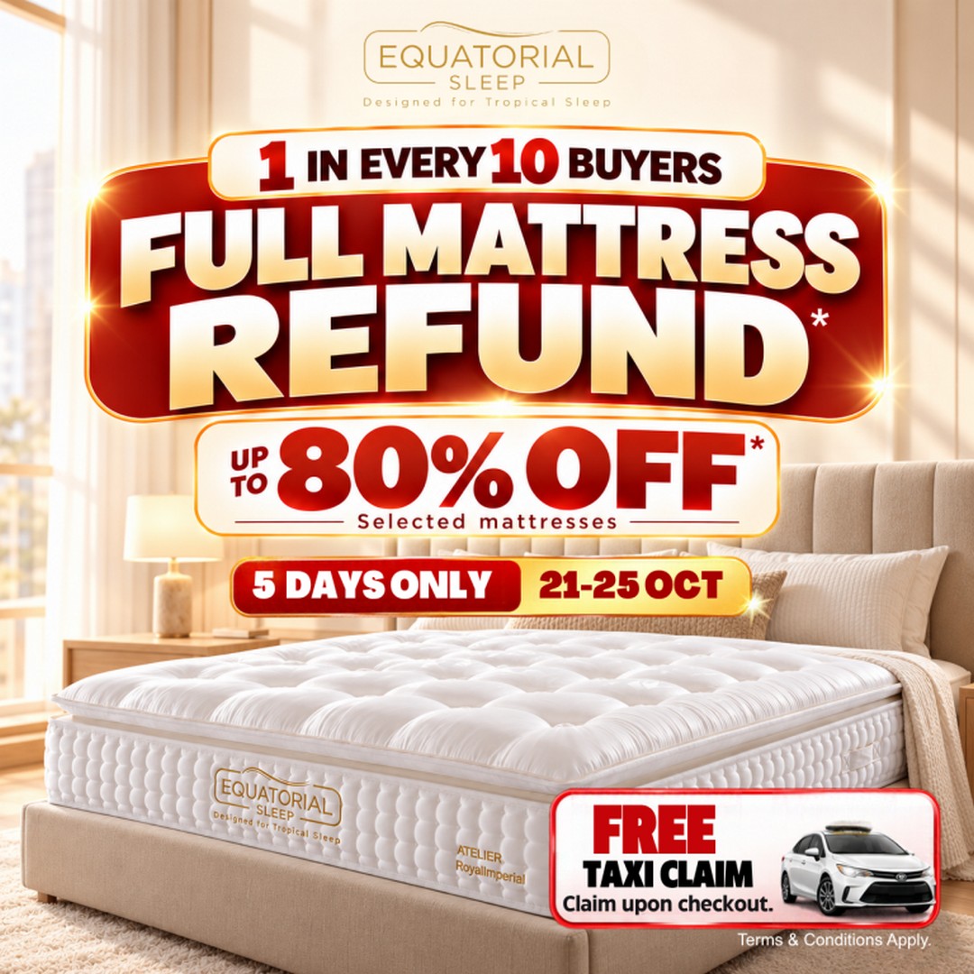 Equatorial-Sleep-Singapore-Launch-Promotion 21–25 October 2026: Equatorial Sleep Singapore Launch Promotion – Up to 80% Off Mattresses, Bed Packages from S$659 and a Chance to Win a Full Mattress Refund at TradeHub 21