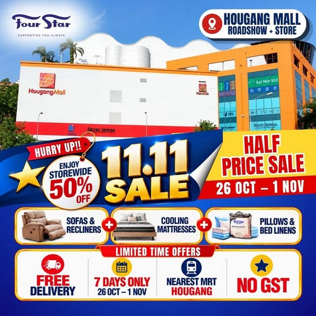 FOUR-STAR-Mattress-11.11-Sale-at-Hougang-Mall-Singapore 26 October–1 November 2026: FOUR STAR Mattress 11.11 Sale at Hougang Mall Singapore – Enjoy Storewide 50% Off Premium Mattresses, Storage Beds and Sofas