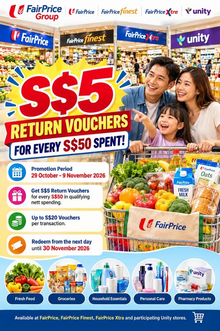 FairPrice-Singapore-5-Return-Voucher-Promotion-1 29 October-9 November 2026: FairPrice Singapore $5 Return Voucher Promotion – Get Up to $20 in Rewards with Every $200 Spent, Participating Store Locations and Redemption Details