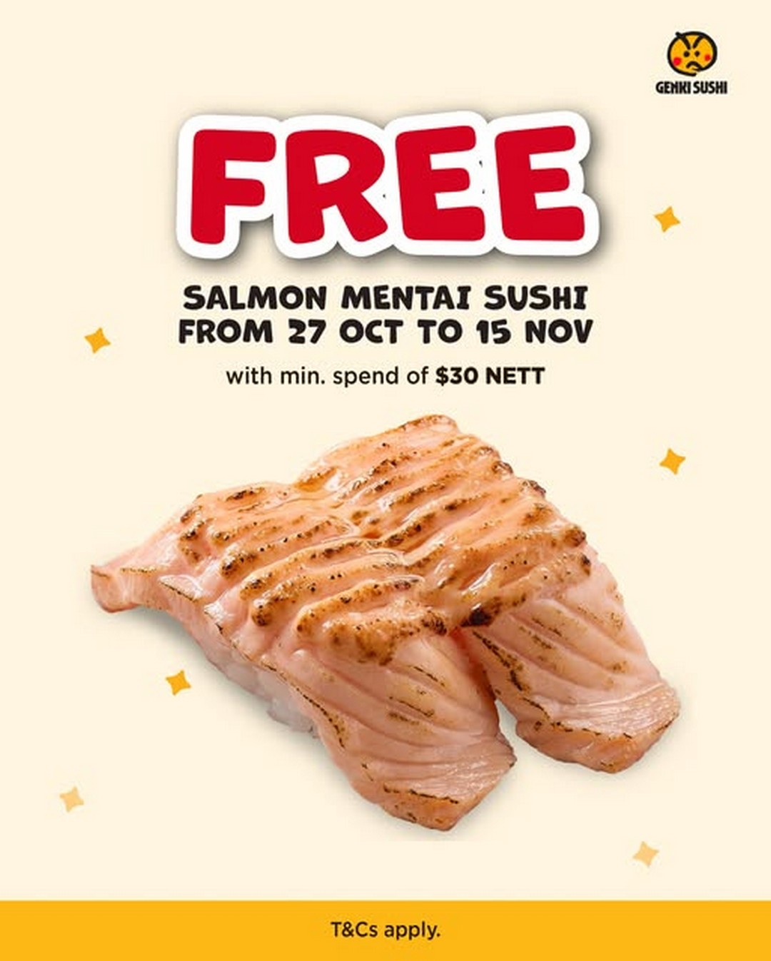 Genki-Sushi-Singapore-Free-Salmon-Mentai-Sushi-Promotion 27 October–15 November 2026: Genki Sushi Singapore Free Salmon Mentai Sushi Promotion with Minimum Spend of $30 Nett at Selected Outlets