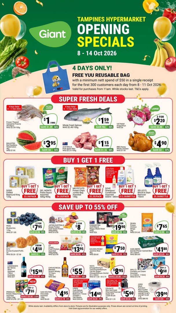 Giant-Tampines-Hypermarket-Opening-Specials-Promotion 8-14 October 2026: Giant Tampines Hypermarket: Opening Specials Promotion – Up to 55% Off, Buy 1 Get 1 Free & Free Yuu Reusable Bag
