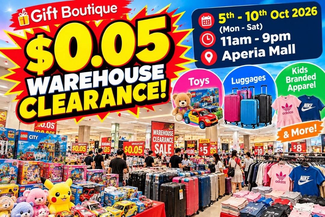 Gift-Boutique-0.05-Warehouse-Clearance-Sale-1 5–10 October 2026: Gift Boutique: $0.05 Warehouse Clearance Sale at Aperia Mall, Singapore – Toys, Luggage, Kids’ Branded Apparel & More from Just 5 Cents