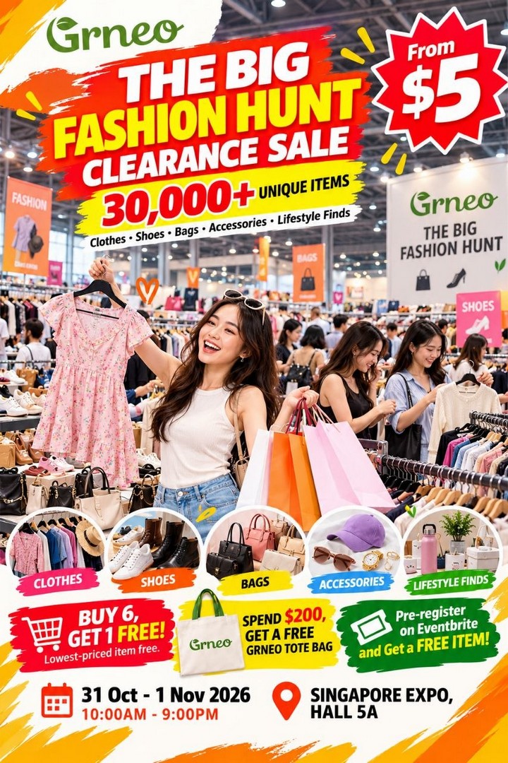 Grneo-The-Big-Fashion-Hunt-Clearance-Sale-Singapore-1 31 October–1 November 2026: Grneo The Big Fashion Hunt Clearance Sale Singapore – 30,000+ Fashion Finds from $5, Buy 6 Get 1 Free, Free Tote Bag and More at Singapore Expo Hall 5A