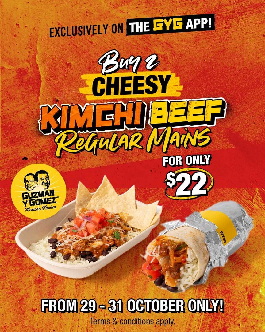 Guzman-y-Gomez-Cheesy-Kimchi-Beef-Promotion-–-Get-2-Regular-Mains 29-31 October 2026: Guzman y Gomez Cheesy Kimchi Beef Promotion – Get 2 Regular Mains for Just $22 on the GYG App
