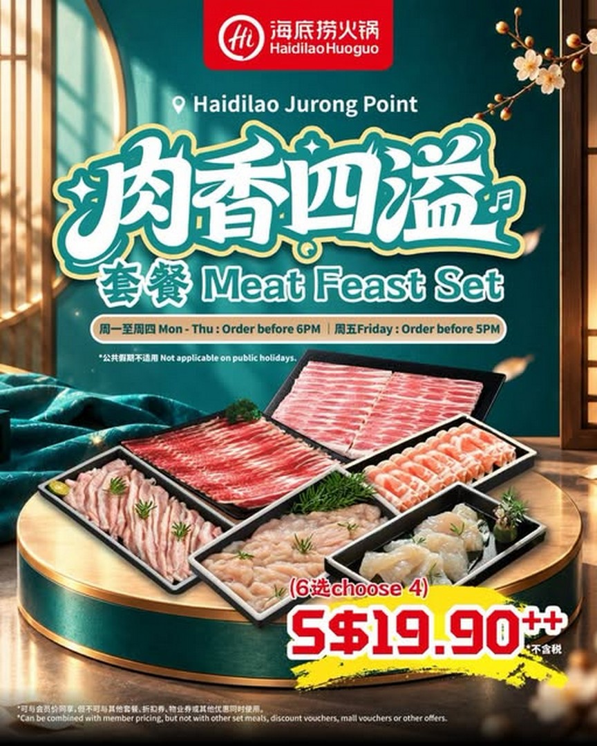 Haidilao-Singapore-–-Meat-Feast-Set-at-19.90-for-4-Meat-Choices 9 October 2026 onwards: Haidilao Singapore – Meat Feast Set at $19.90++ for 4 Meat Choices at Jurong Point, Available on Weekdays Before 6PM (Friday Before 5PM)