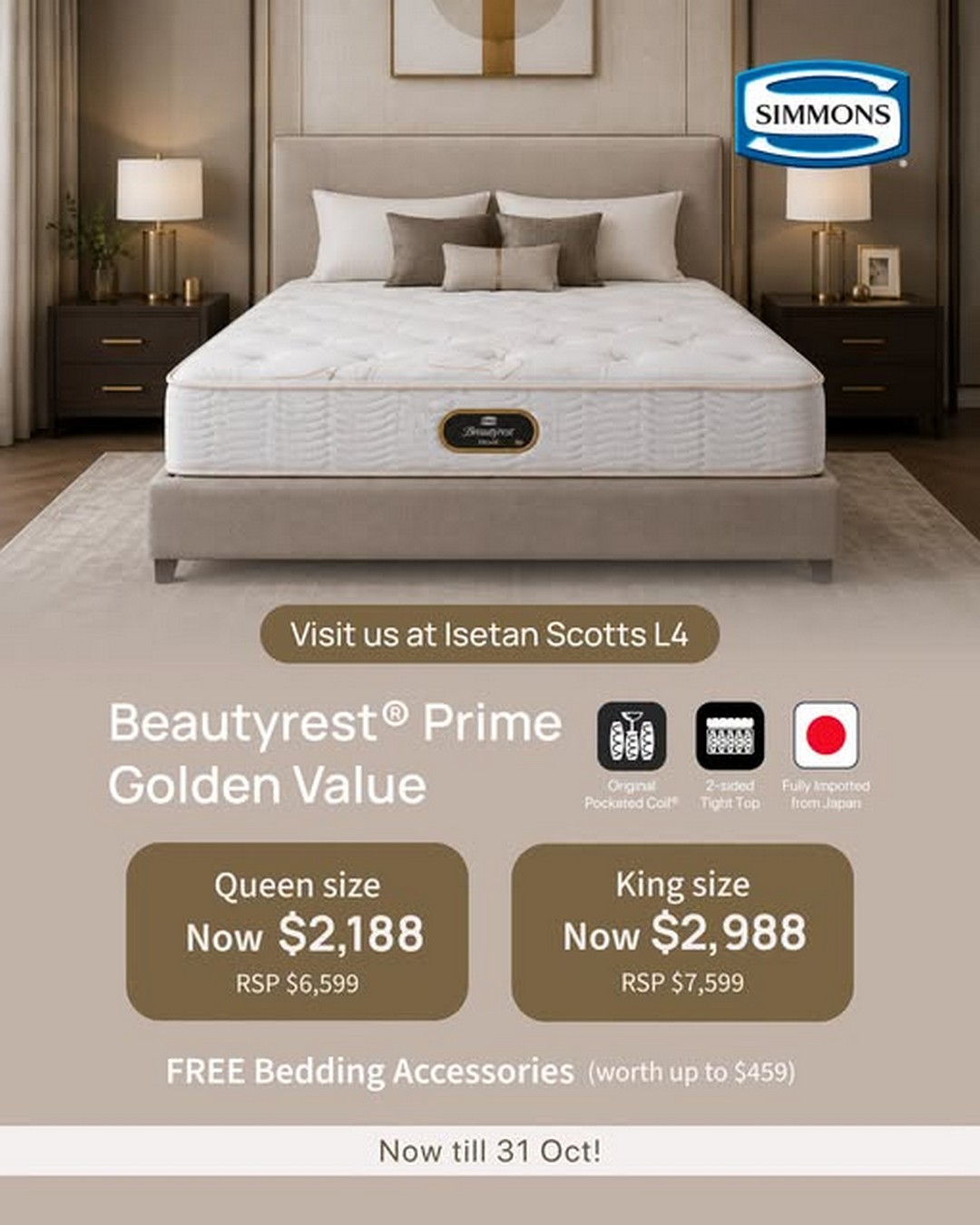 Isetan-Singapore-Beautyrest®-Prime-Golden-Value-Mattress Now Till 31 October 2026: Isetan Singapore: Beautyrest® Prime Golden Value Mattress from $2,188 with Free Bedding Accessories Worth Up to $459 at Isetan Scotts