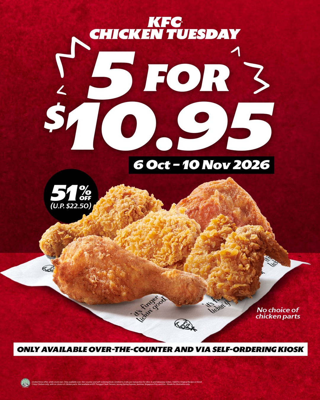 KFC-Singapore-Chicken-Tuesday-Promotion-–-5-Pieces-of-Chicken-1 6 October-10 November 2026: KFC Singapore: Chicken Tuesday Promotion – 5 Pieces of Chicken for $10.95 at Participating Outlets